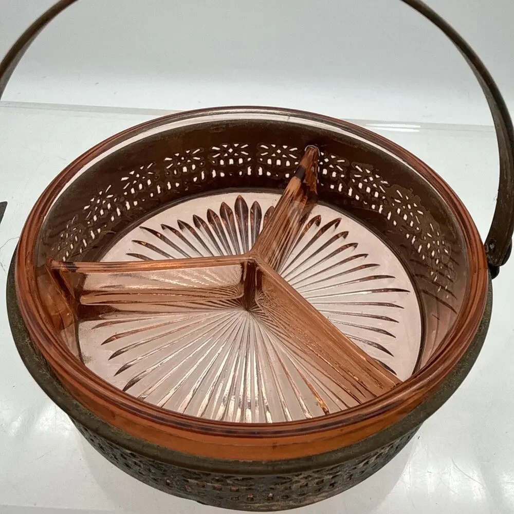 1930s Pink Depression Glass Divided Relish Candy Snack Dish in Copper Basket ⬇️